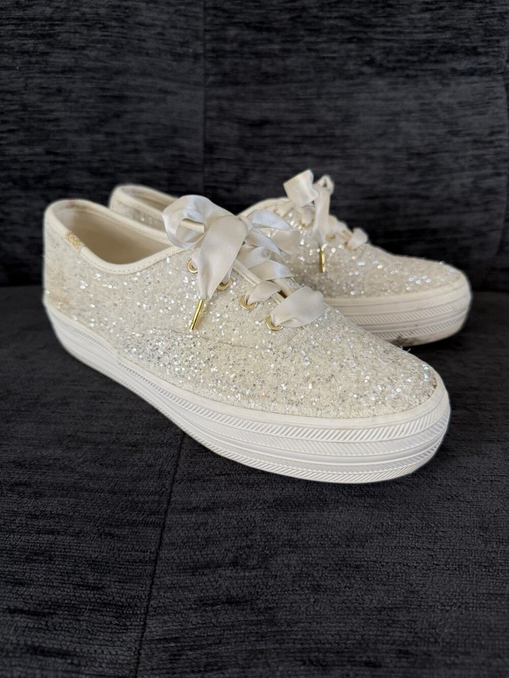 Kate Spade Keds Glitter Cream Triple Sneakers Lace Up Shoes Wedding Bride Size 6